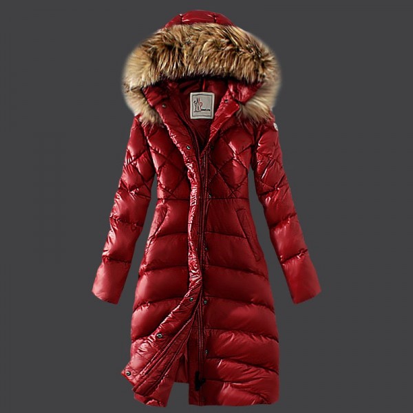 Moncler Donna sottile lungo Giù cappotto Rosso uscita M1117